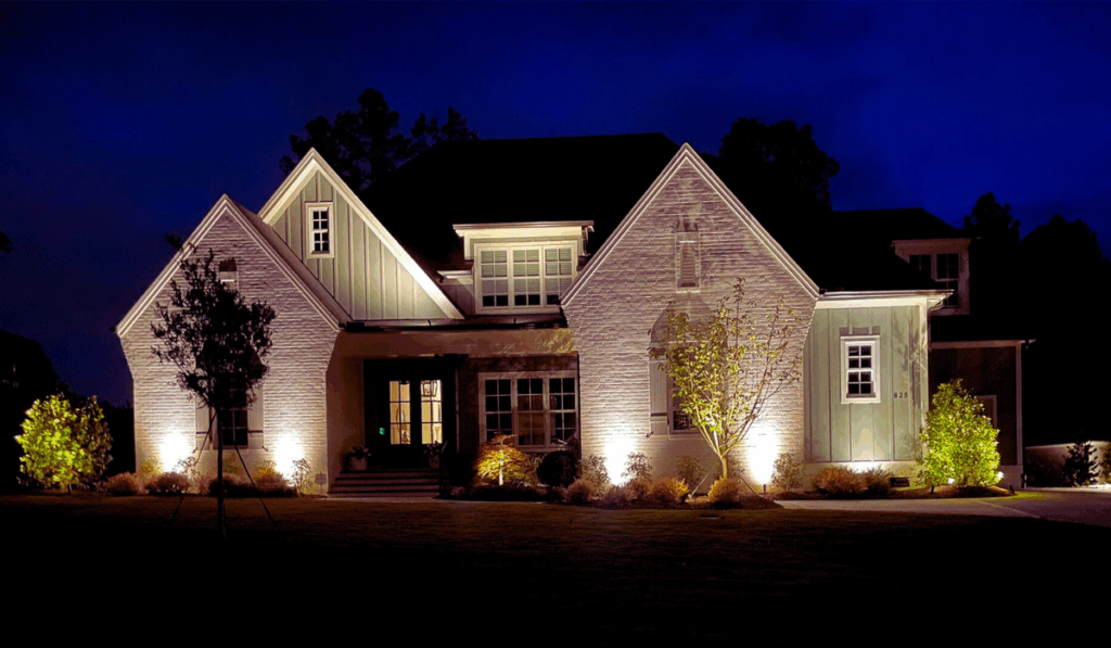 Professional outdoor lighting installation on a residential home in North Carolina